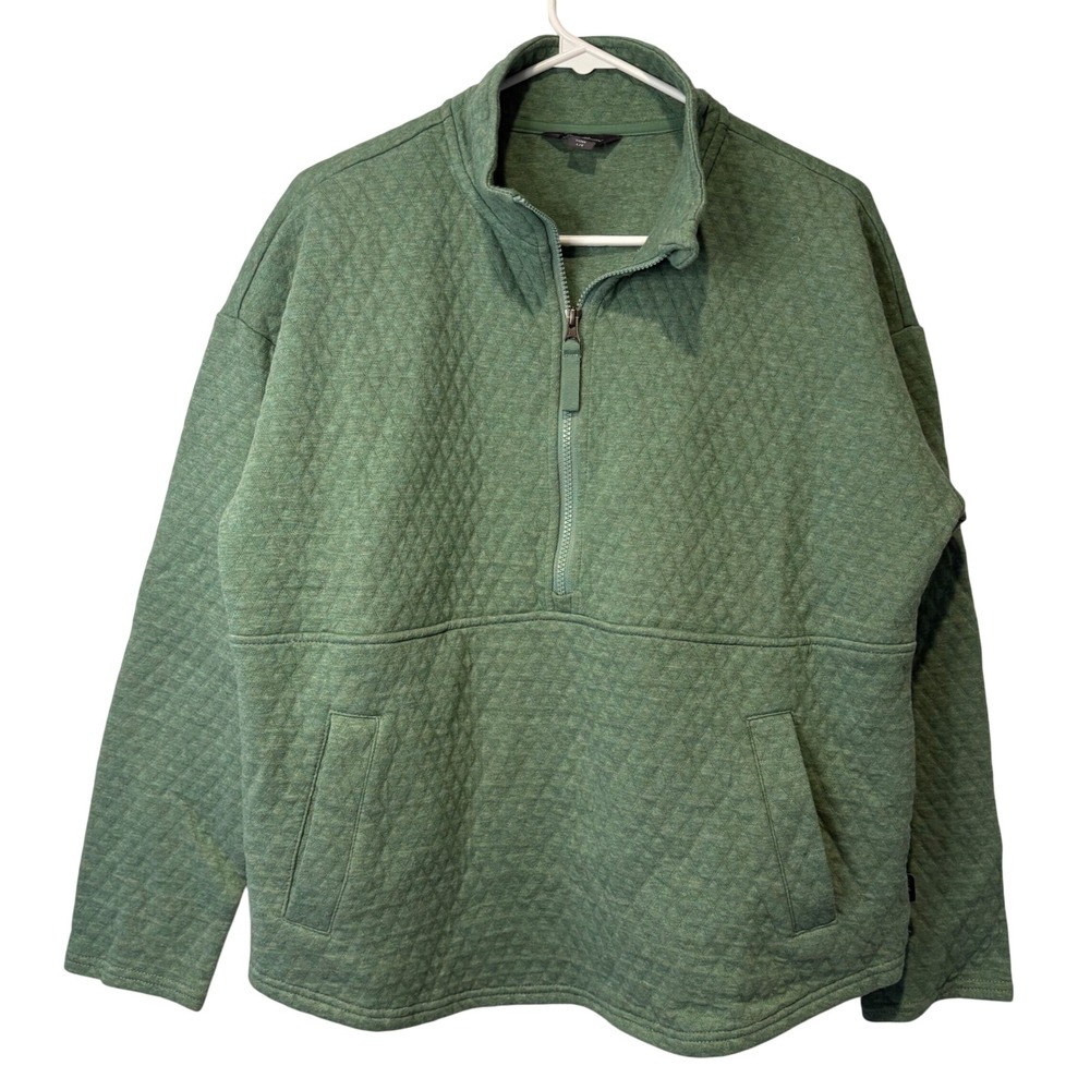 Eddie‎ Bauer Quilted Pullover Womens L Green Quarter Zip Diamond Sweatshirt Cozy